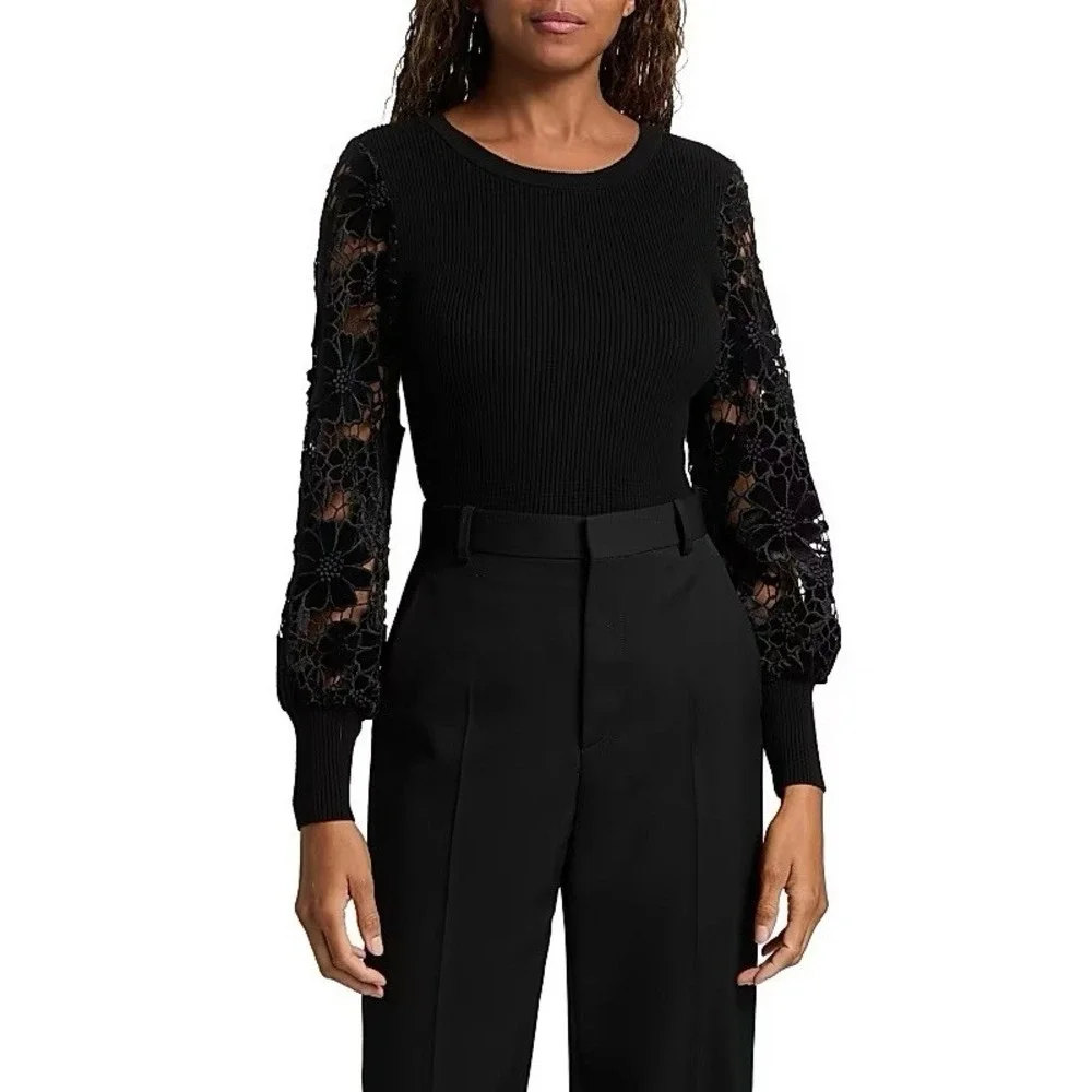 Milly Velvet Lace-Sleeve Rib-Knit Sweater - Picture 1 of 8